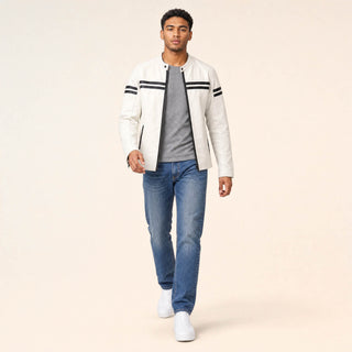 Chamarra Racer con Franjas para Hombre Forever 21 #color_blanco