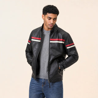 Chamarra Racer con Franjas para Hombre Forever 21 #color_negro