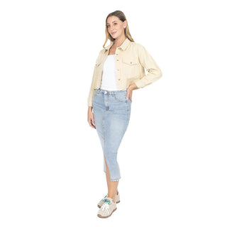 Chamarra Crop de Lino con Bolsillos