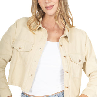 Chamarra Crop de Lino con Bolsillos