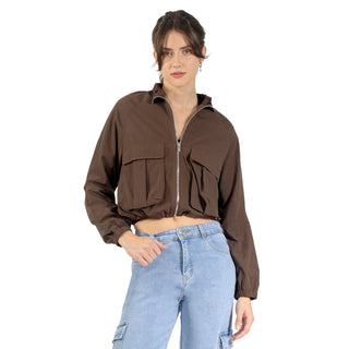 Chamarra Crop  Rompevientos Con Bolsas Cargo Al Frente
