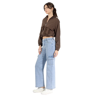 Chamarra Crop  Rompevientos Con Bolsas Cargo Al Frente