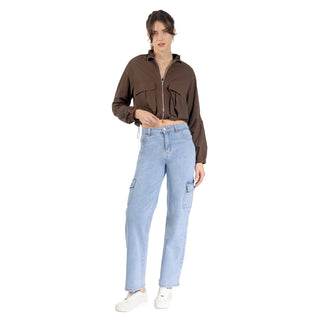 Chamarra Crop  Rompevientos Con Bolsas Cargo Al Frente