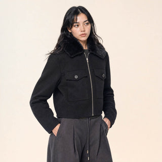 Chamarra Cropped con Cuello Pelo para Mujer Forever 21 #color_negro