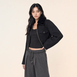 Chamarra Cropped con Cuello Pelo para Mujer Forever 21 #color_negro