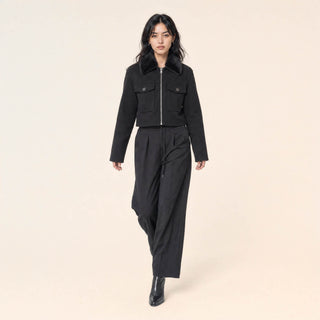 Chamarra Cropped con Cuello Pelo para Mujer Forever 21 #color_negro