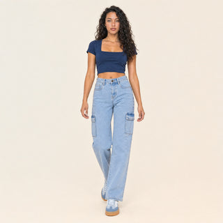 Jeans Cargo Wide Leg de Tiro Alto para Mujer Forever 21 #color_bleach