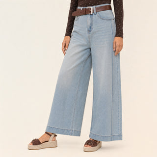 Jeans Wide Leg de Tiro Alto con Costuras en Relieve para Mujer Forever 21 #color_bleach