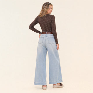 Jeans Wide Leg de Tiro Alto con Costuras en Relieve para Mujer Forever 21 #color_bleach
