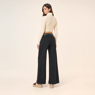 Jeans Wide Leg de Tiro Alto con Costuras Verticales para Mujer Forever 21 #color_negro