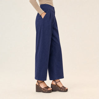 Pantalon Wide Leg de Tiro Alto con Pretina Estructurada para Mujer Forever 21 #color_azul-marino