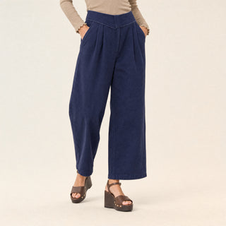 Pantalon Wide Leg de Tiro Alto con Pretina Estructurada para Mujer Forever 21 #color_azul-marino