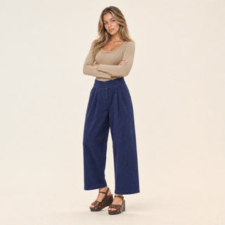 Pantalon Wide Leg de Tiro Alto con Pretina Estructurada para Mujer Forever 21 #color_azul-marino