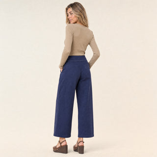 Pantalon Wide Leg de Tiro Alto con Pretina Estructurada para Mujer Forever 21 #color_azul-marino