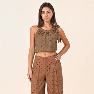 Pantalon Wide Leg con Pinzas y Estampado de Puntos para Mujer Forever 21 #color_café