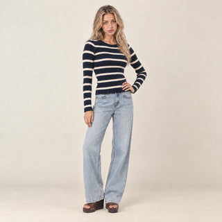 Playera Slim de Rayas con Manga Larga para Mujer Forever 21 #color_azul-marino