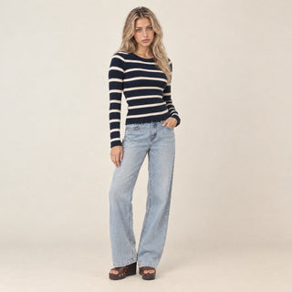 Playera Slim de Rayas con Manga Larga para Mujer Forever 21 #color_azul-marino