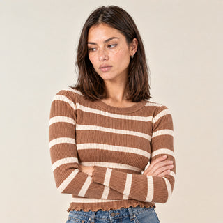 Playera Slim de Rayas con Manga Larga para Mujer Forever 21 #color_café