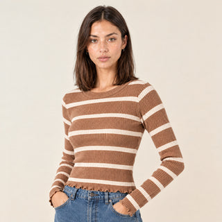 Playera Slim de Rayas con Manga Larga para Mujer Forever 21 #color_café