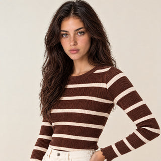 Playera Slim de Rayas con Manga Larga para Mujer Forever 21 #color_chocolate