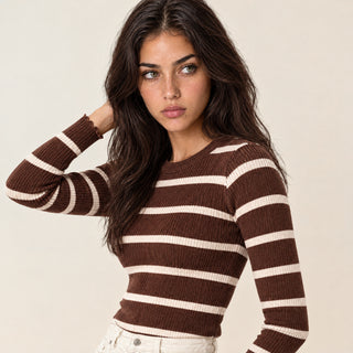 Playera Slim de Rayas con Manga Larga para Mujer Forever 21 #color_chocolate