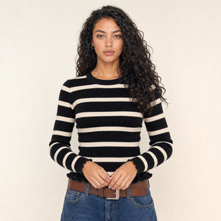 Playera Slim de Rayas con Manga Larga para Mujer Forever 21 #color_negro