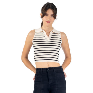 Playera a Rayas Tejida con Cuello Polo y Manga Corta