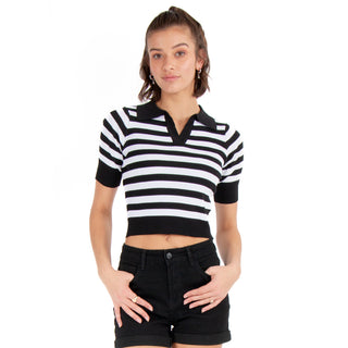 MEDIUM SLEEVE POLO NECK WOVEN CROP TOP