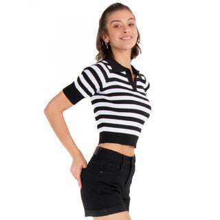 MEDIUM SLEEVE POLO NECK WOVEN CROP TOP