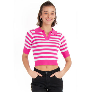 MEDIUM SLEEVE POLO NECK WOVEN CROP TOP