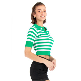 MEDIUM SLEEVE POLO NECK WOVEN CROP TOP