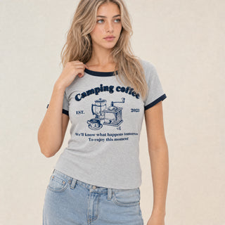 Playera Ringer con Estampado para Mujer Forever 21 #color_gris-jaspeado