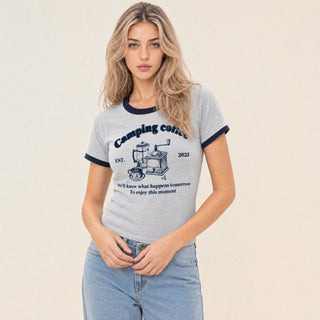 Playera Ringer con Estampado para Mujer Forever 21 #color_gris-jaspeado