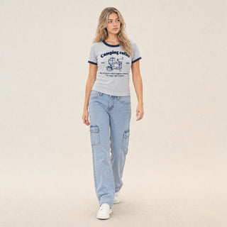 Playera Ringer con Estampado para Mujer Forever 21 #color_gris-jaspeado