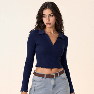 Playera Crop con Cuello Polo para Mujer Forever 21 #color_azul-marino