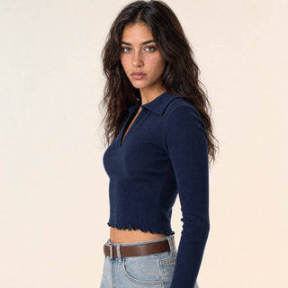 Playera Crop con Cuello Polo para Mujer Forever 21 #color_azul-marino