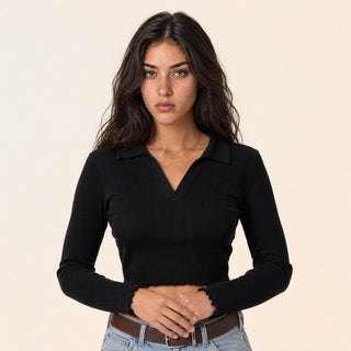 Playera Crop con Cuello Polo para Mujer Forever 21 #color_negro