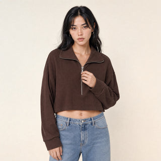 Sudadera Cropped con Medio Cierre para Mujer Forever 21 #color_café