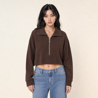 Sudadera Cropped con Medio Cierre para Mujer Forever 21 #color_café