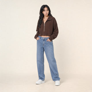 Sudadera Cropped con Medio Cierre para Mujer Forever 21 #color_café