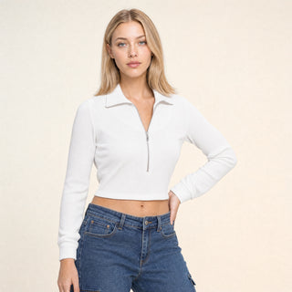 Sudadera Cropped con Medio Cierre para Mujer Forever 21 #color_hueso