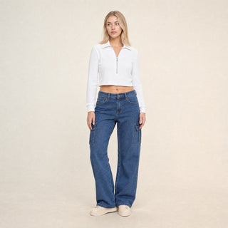 Sudadera Cropped con Medio Cierre para Mujer Forever 21 #color_hueso