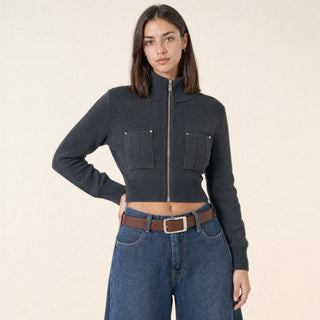 Suéter Crop con Cierre para Mujer Forever 21 #color_gris-oscuro