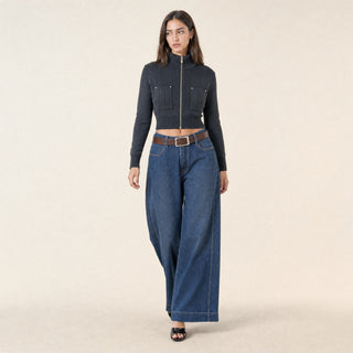 Suéter Crop con Cierre para Mujer Forever 21 #color_gris-oscuro