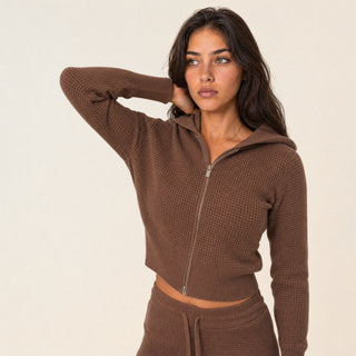 Suéter Hoodie Full-Zip Cropped para Mujer Forever 21 #color_café